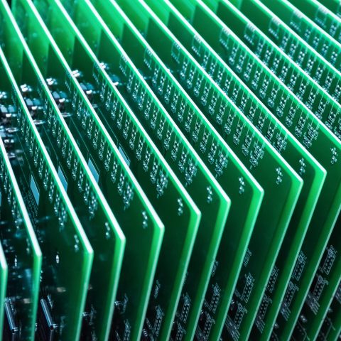 green communication circuit board closeup in a server room